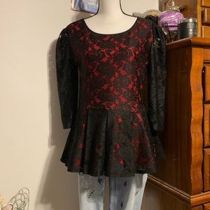 Fervente 44 Black Lace And Red Peplum Blouse
